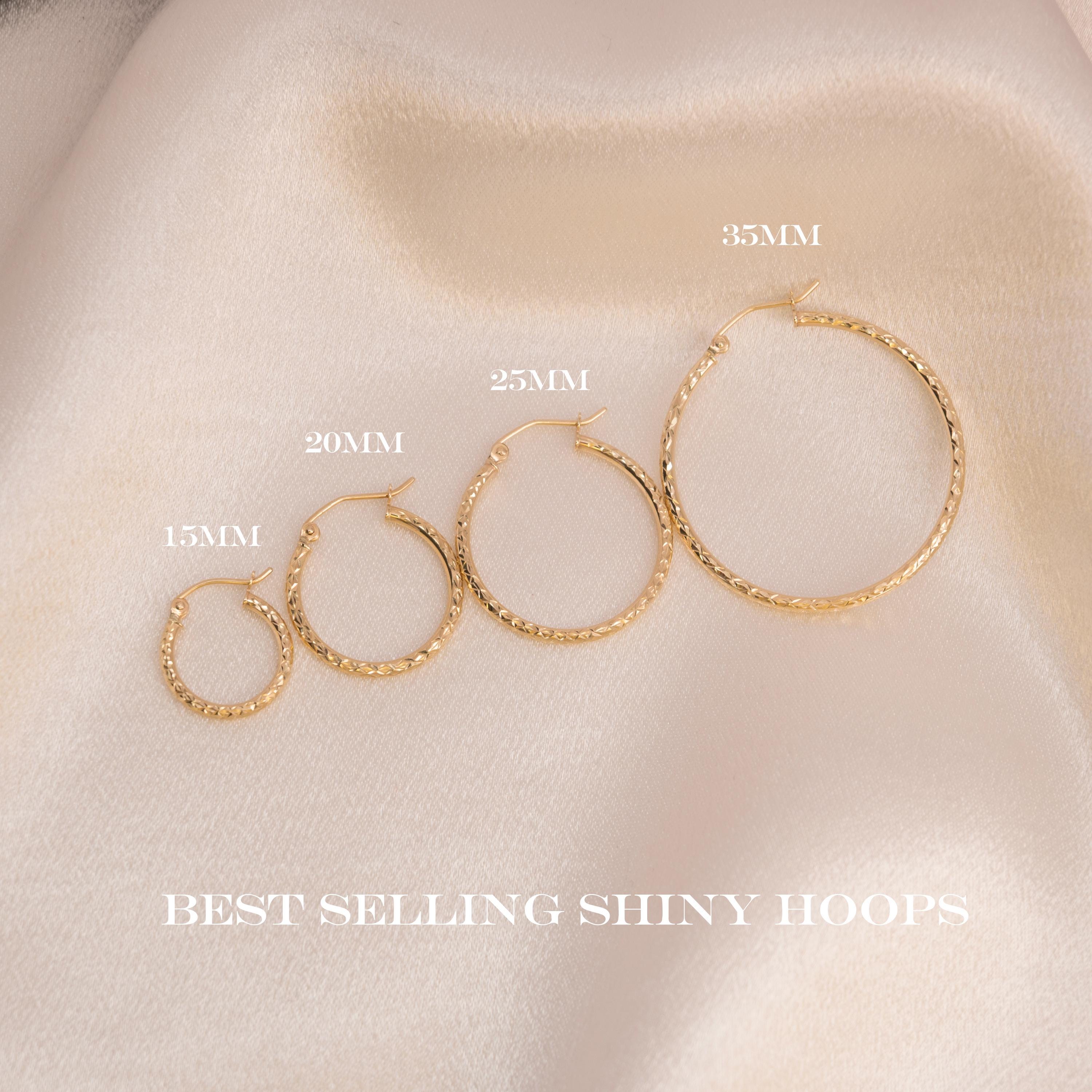 Real 14k Gold Fully Diamond Cut Hoop Earrings - 35MM, 25MM, 20MM, 15MM - Sparkling - Fine Jewelry For Her - Perfect Gift