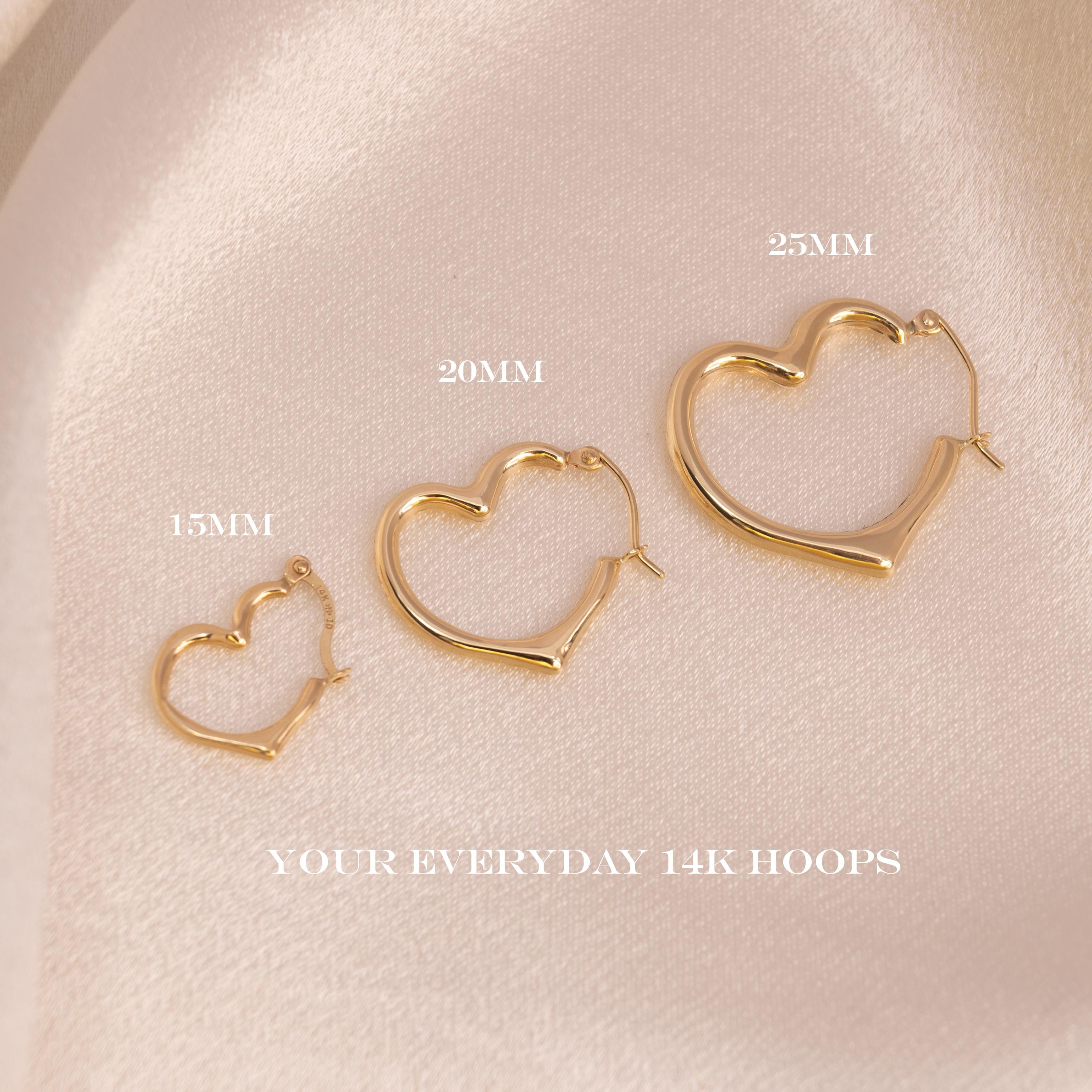 Real 14k Gold Heart Hoop Earrings - 15mm, 20mm, 25mm - For Girls & Women - Perfect For Everyday - Fine Jewelry For her