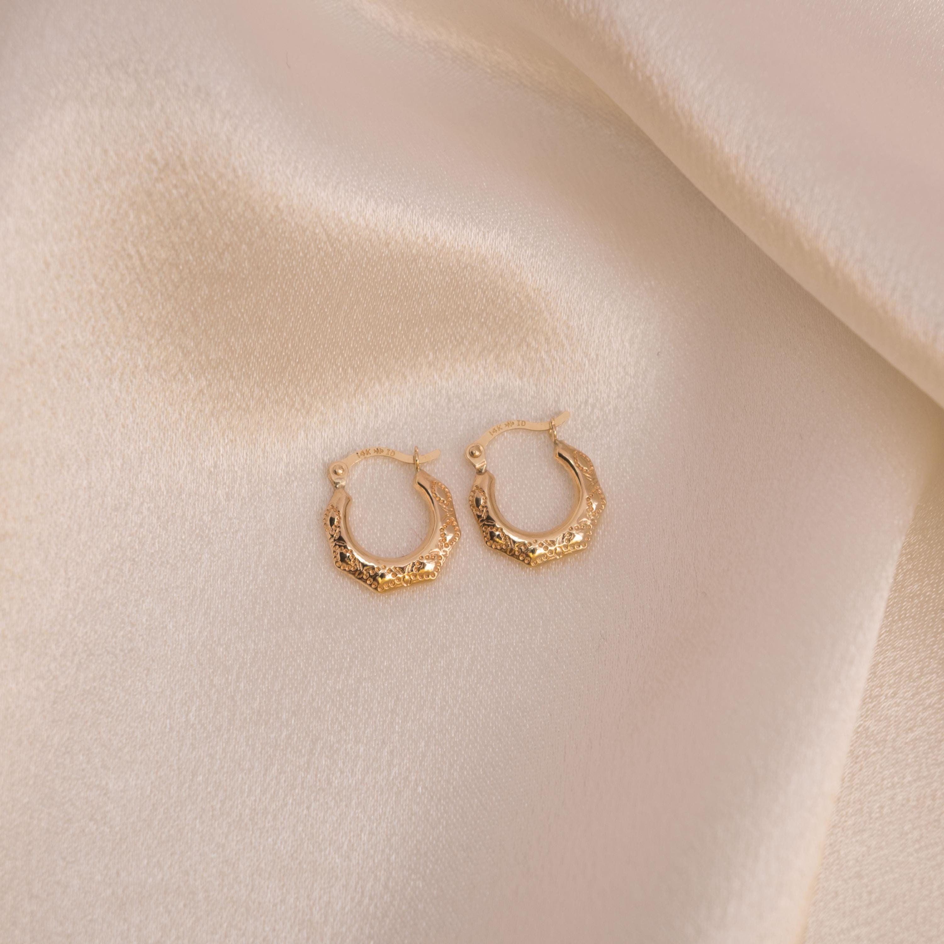 Tiny 14k Gold Textured 12mm Hoops Earrings - 2.1mm Thick - For Her - For kids - Fine jewelry