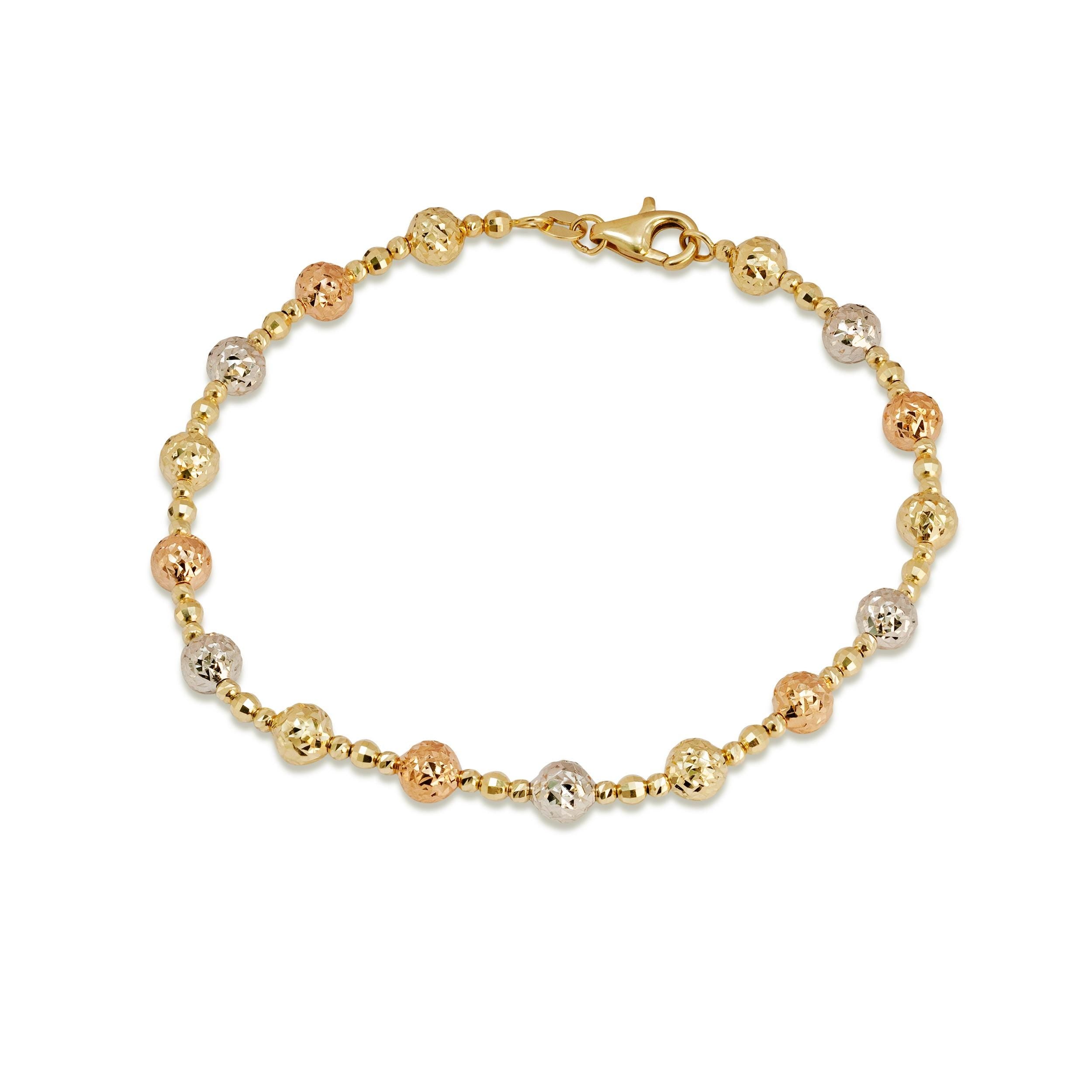 REAL 14k Tricolor/Yellow Gold Bead Diamond Cut Bracelet - 6.5, 7.5, 8 Inches - 5mm - Perfect Gift - Women