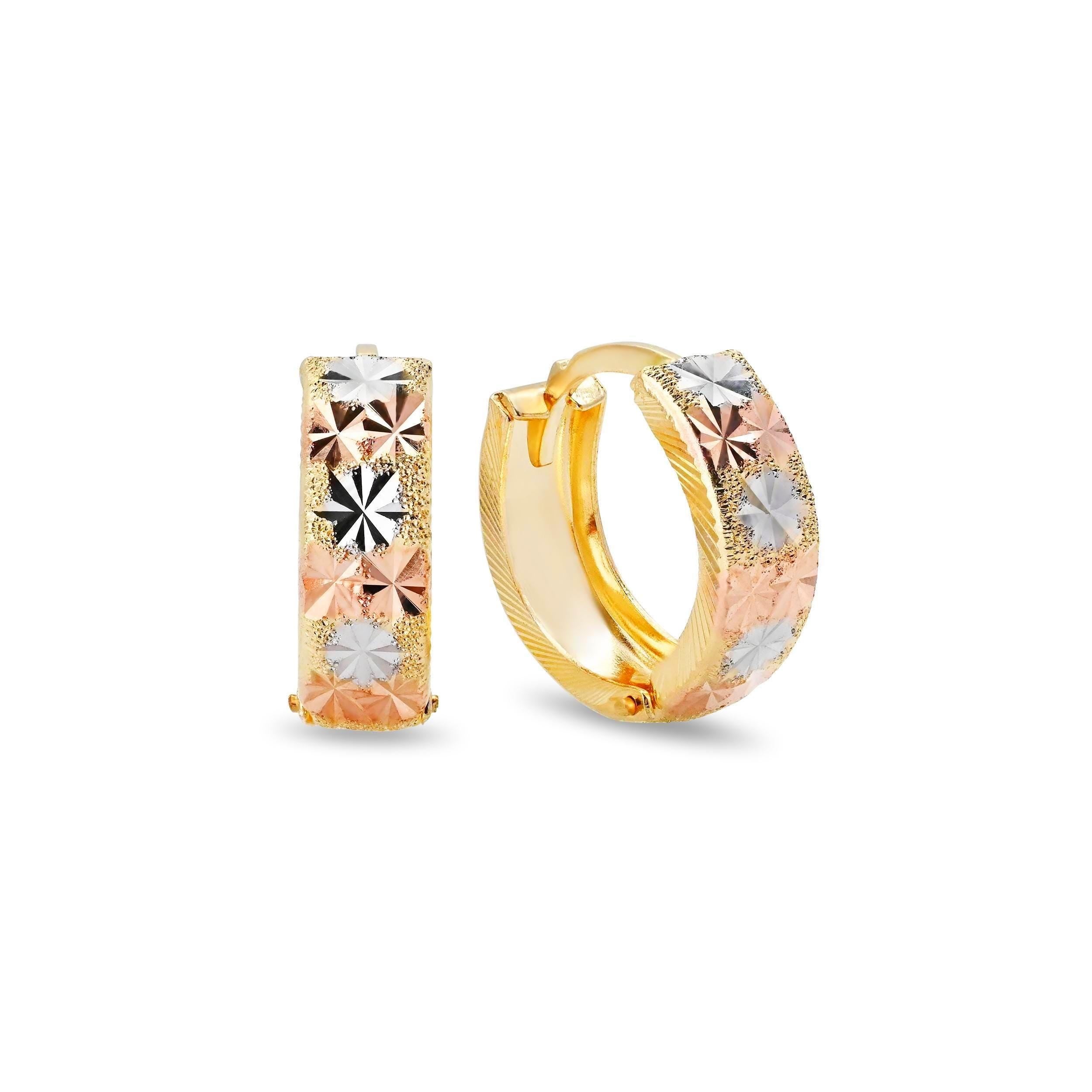 14k Tricolor Gold Star Diamond Cut Huggies Earrings