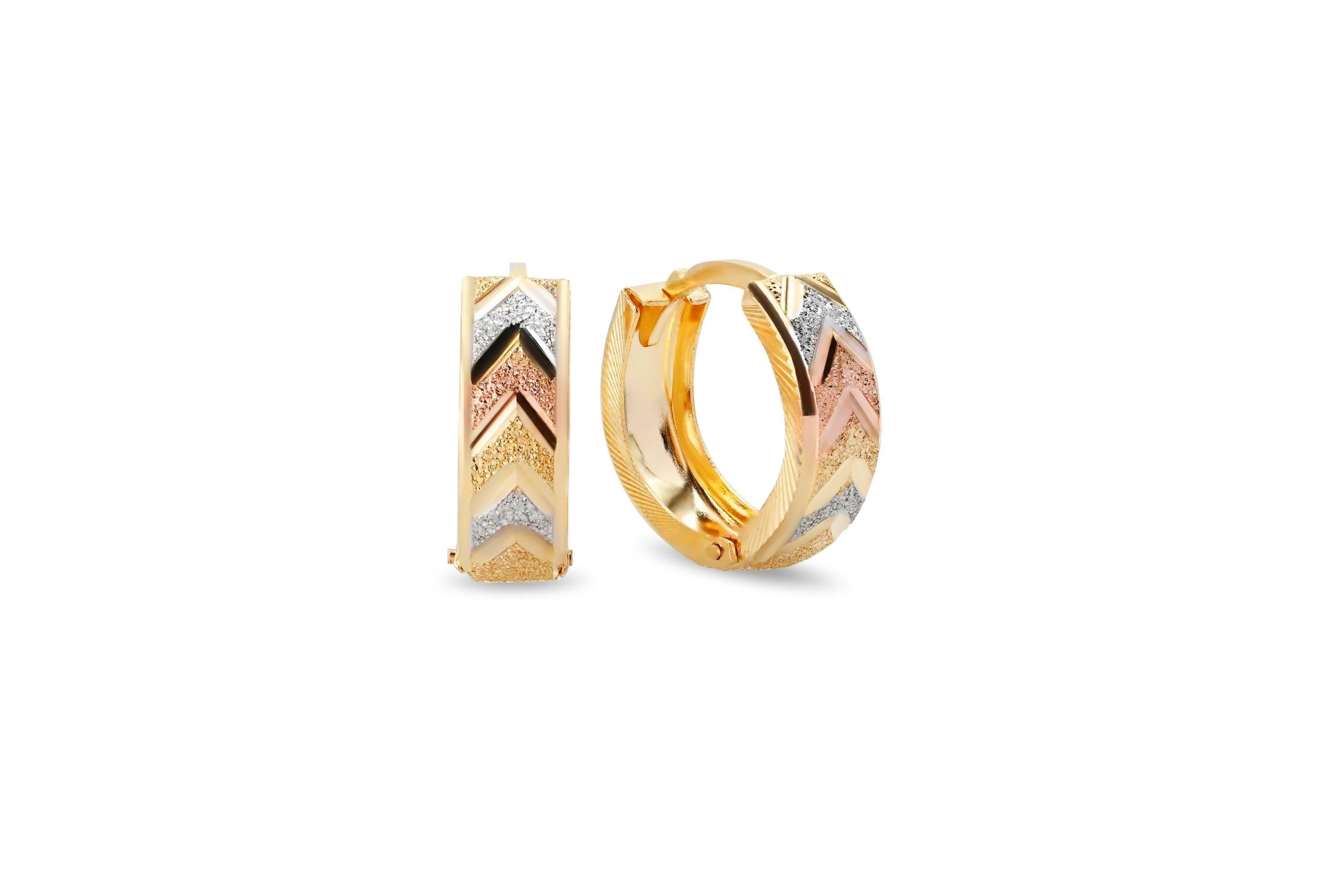14k Tri Color Gold Huggies Earrings - 5mm Thick - For Every Day - Real 14k gold