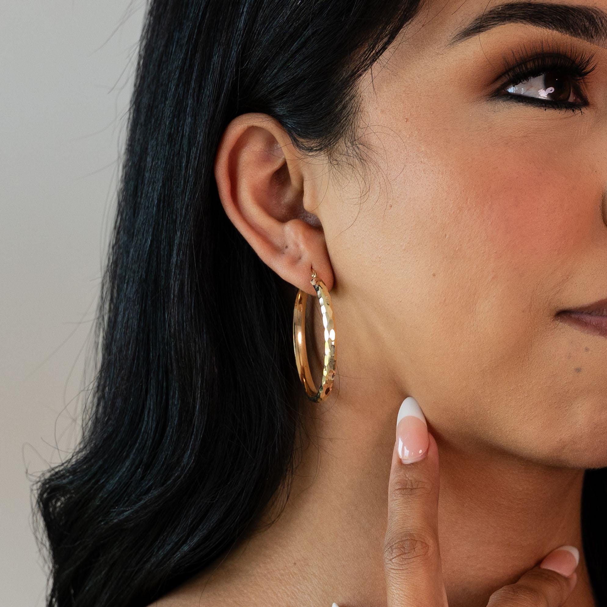 14k Gold Hammered Texture Hoop Earrings