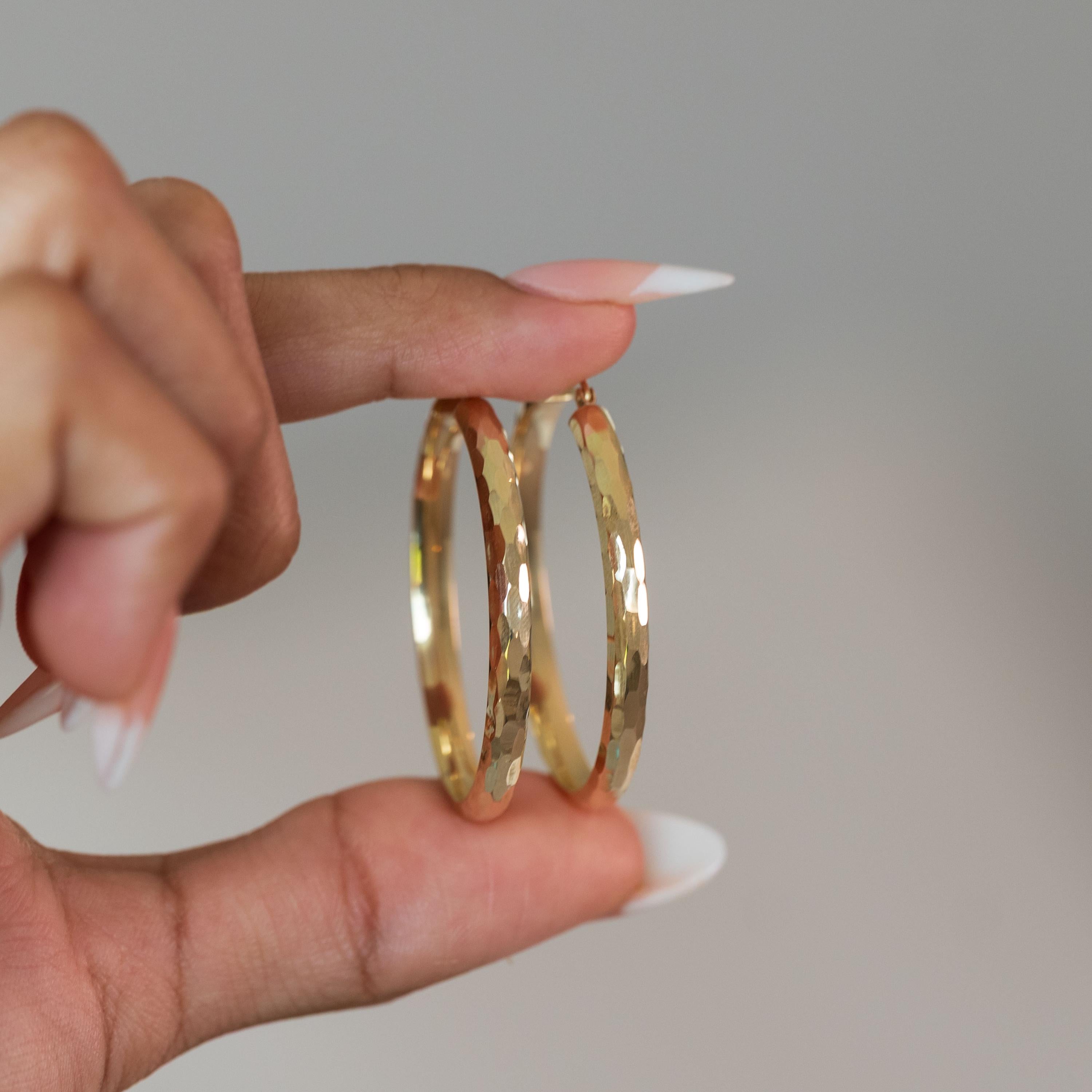 14k Gold Hammered Texture Hoop Earrings