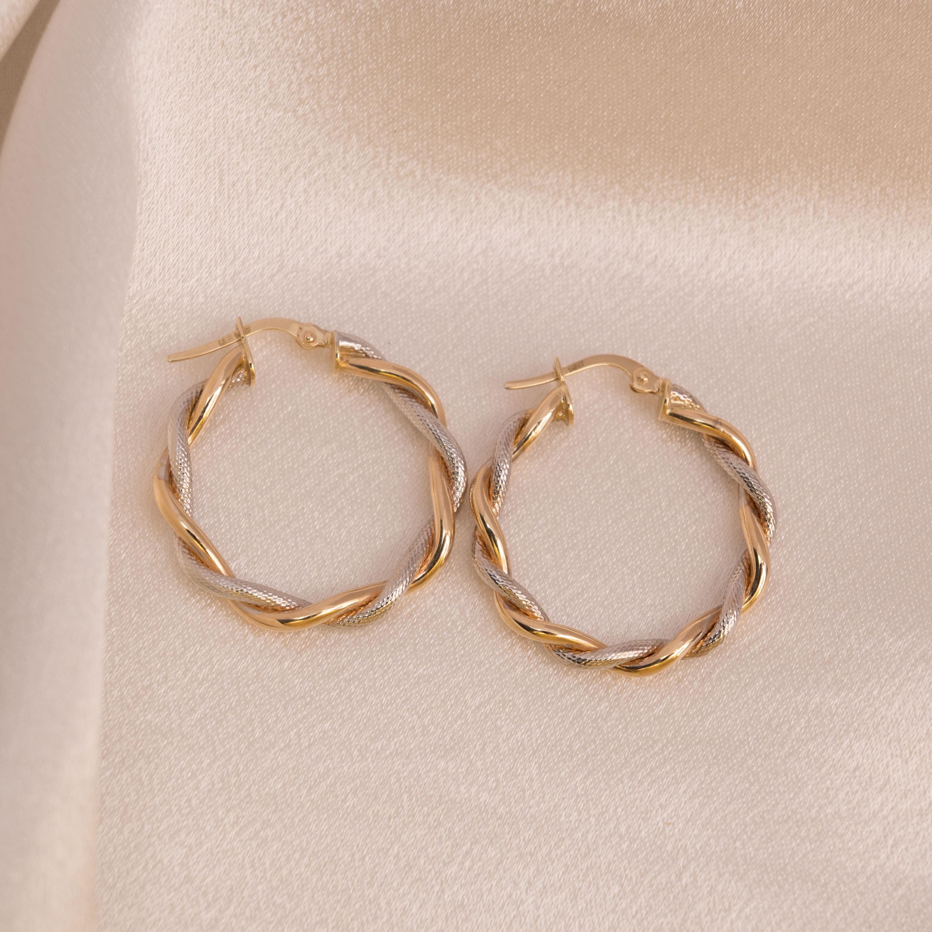 14K 2 Tones Twisted Hoop Earrings
