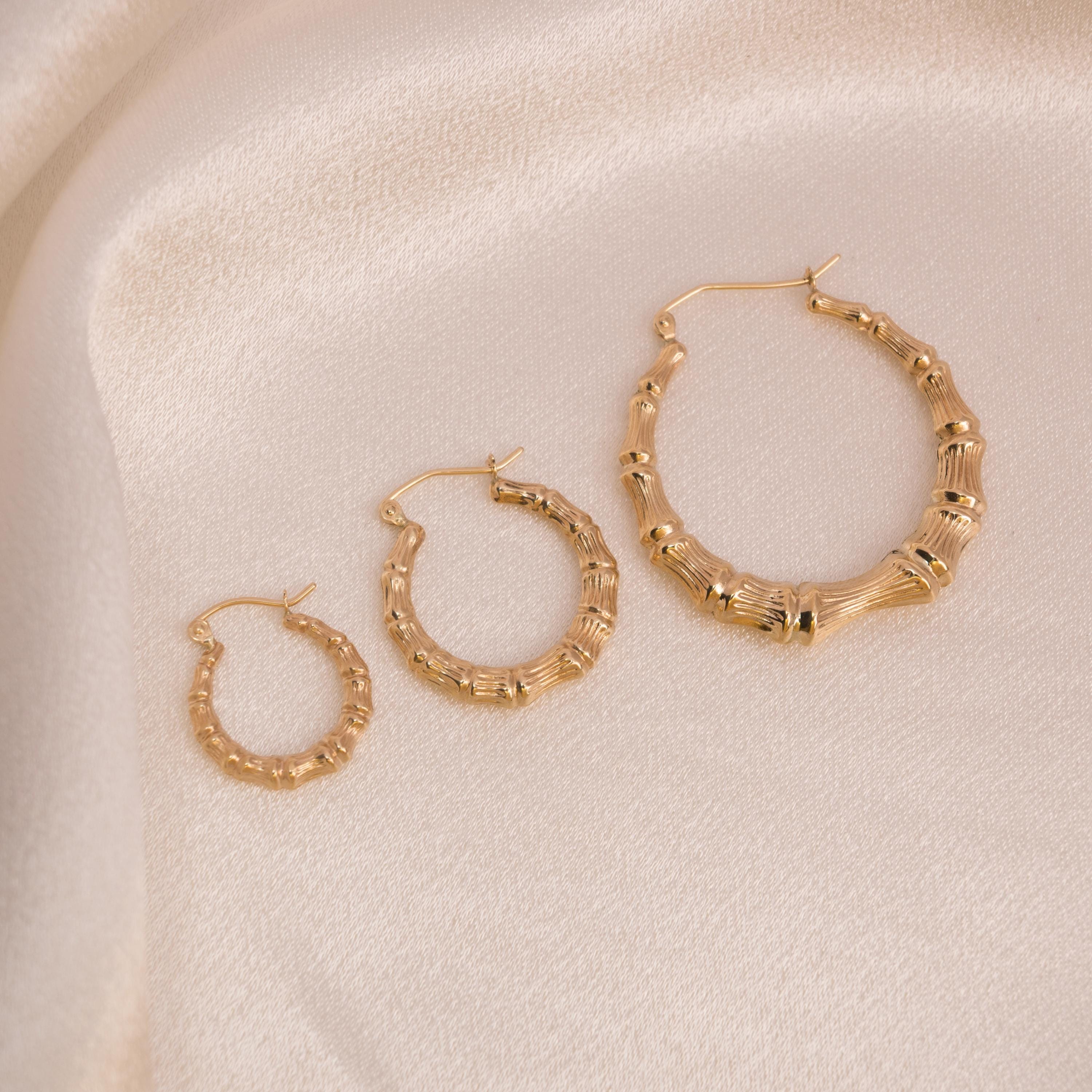 Real 14k Gold Bamboo Hoop Earrings - 16MM, 21MM, 34MM - For Her - Modern Earrings - Fine Jewelry
