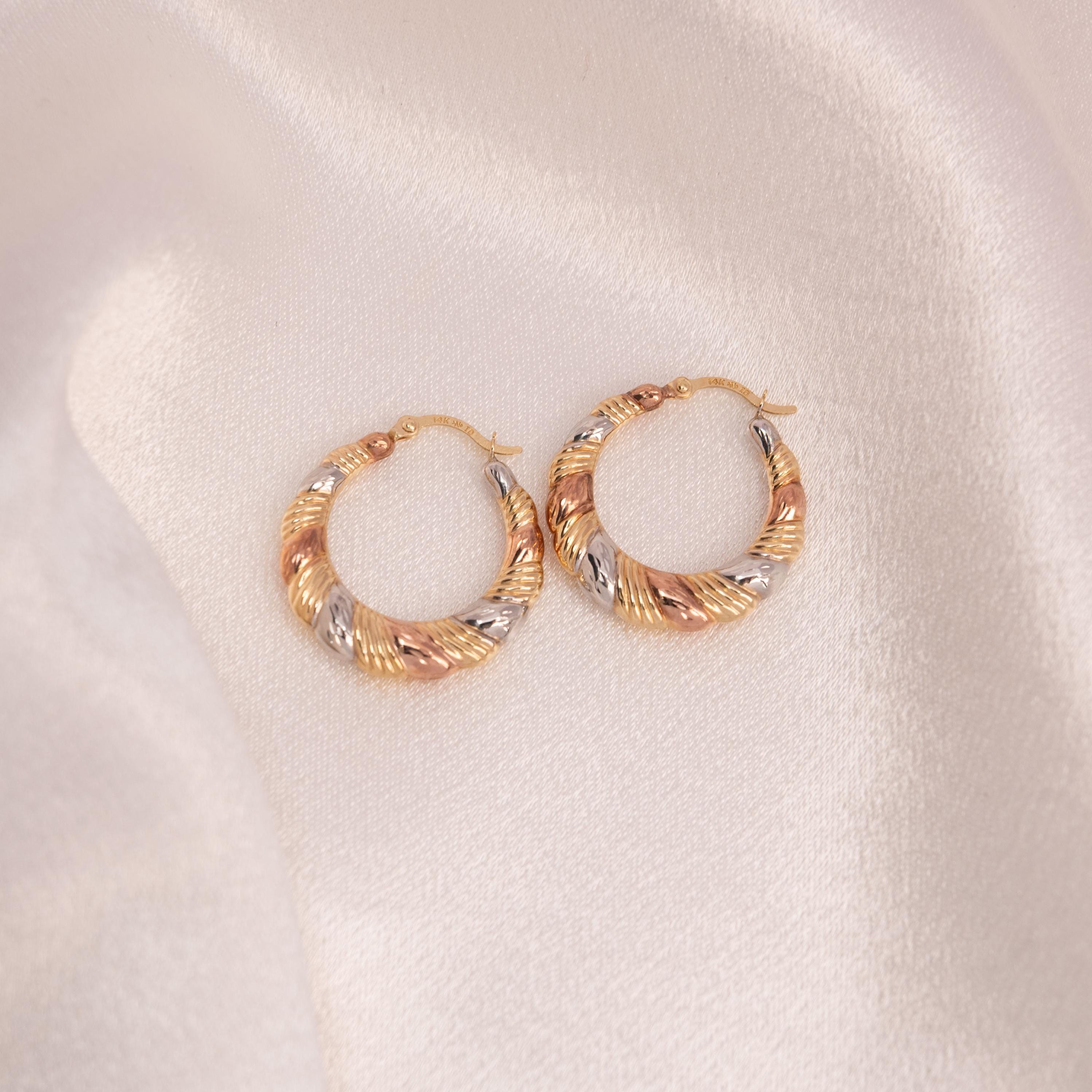 14k Tricolor Gold Croissant Hoop Earrings - 22mm - 3.5mm Thick - Shiny & Modern - Perfect Gift For Her -