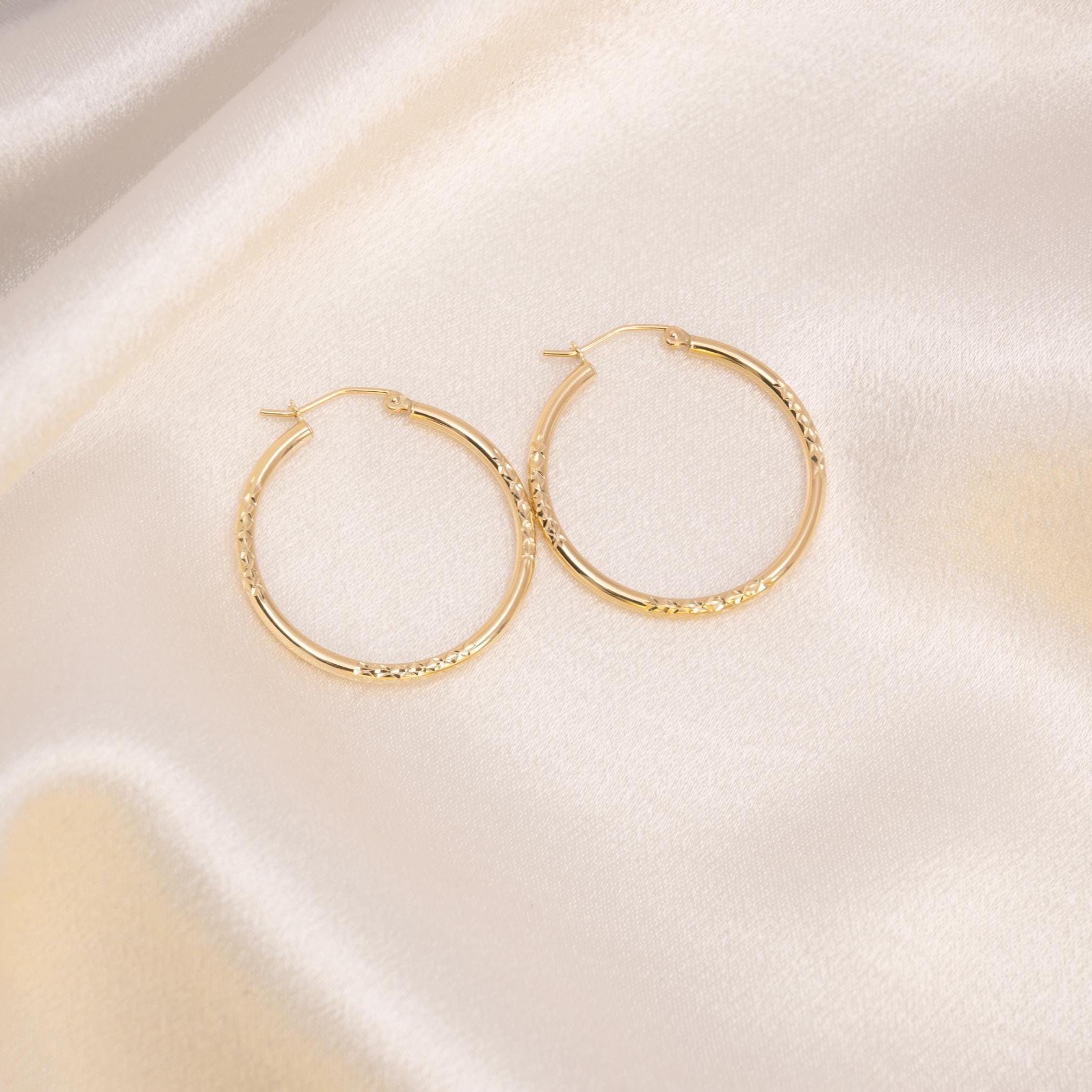 14k Polished With Diamond Cut Hoop Earrings