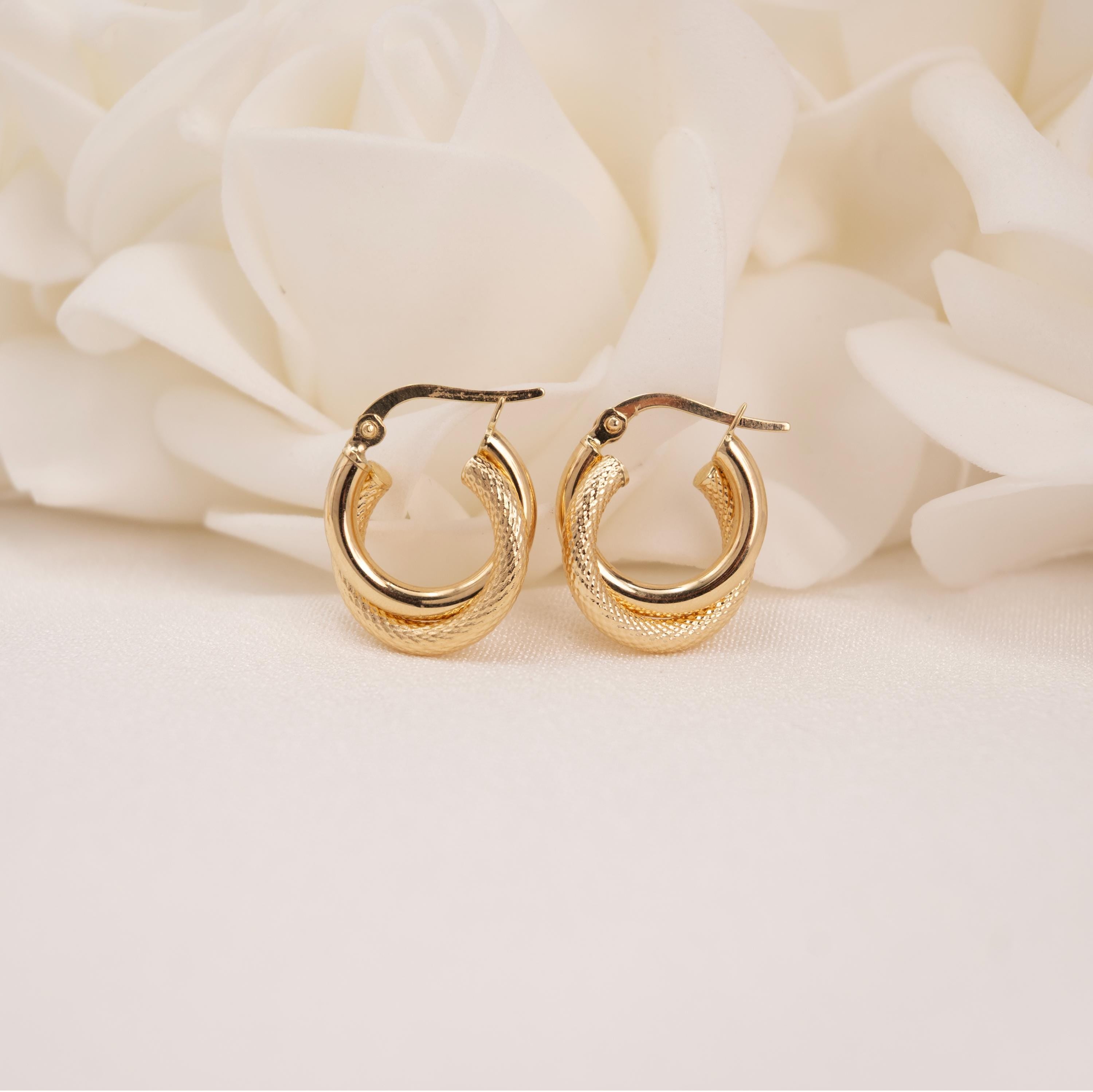 Everyday 14K Gold Double Hoop Earrings - 2 Texture Hoops - Small & Elegant - Fine Jewelry For Her