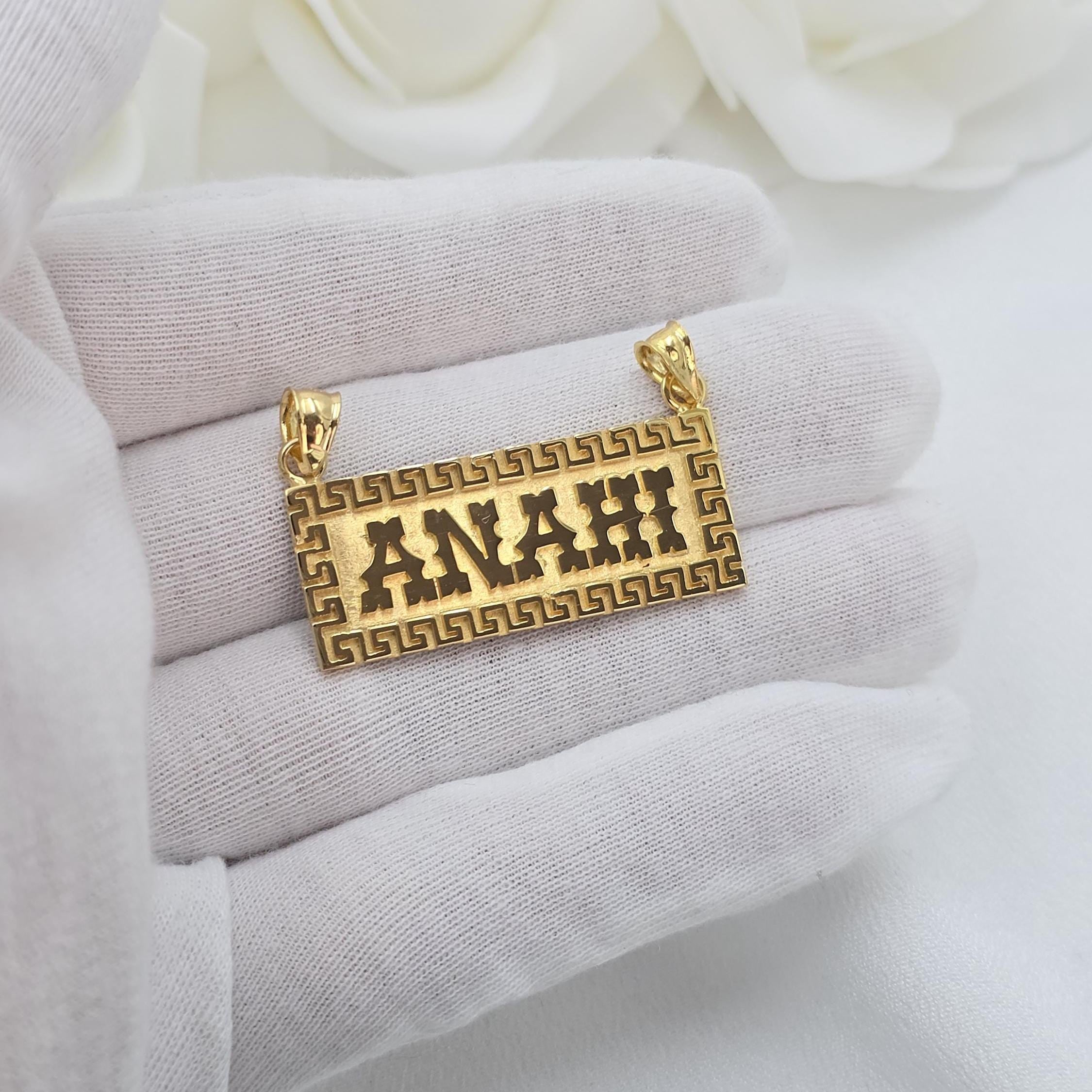 Solid 14k Gold Thick Custom Nameplate - Greek pattern - Unisex - Unique & Everlasting