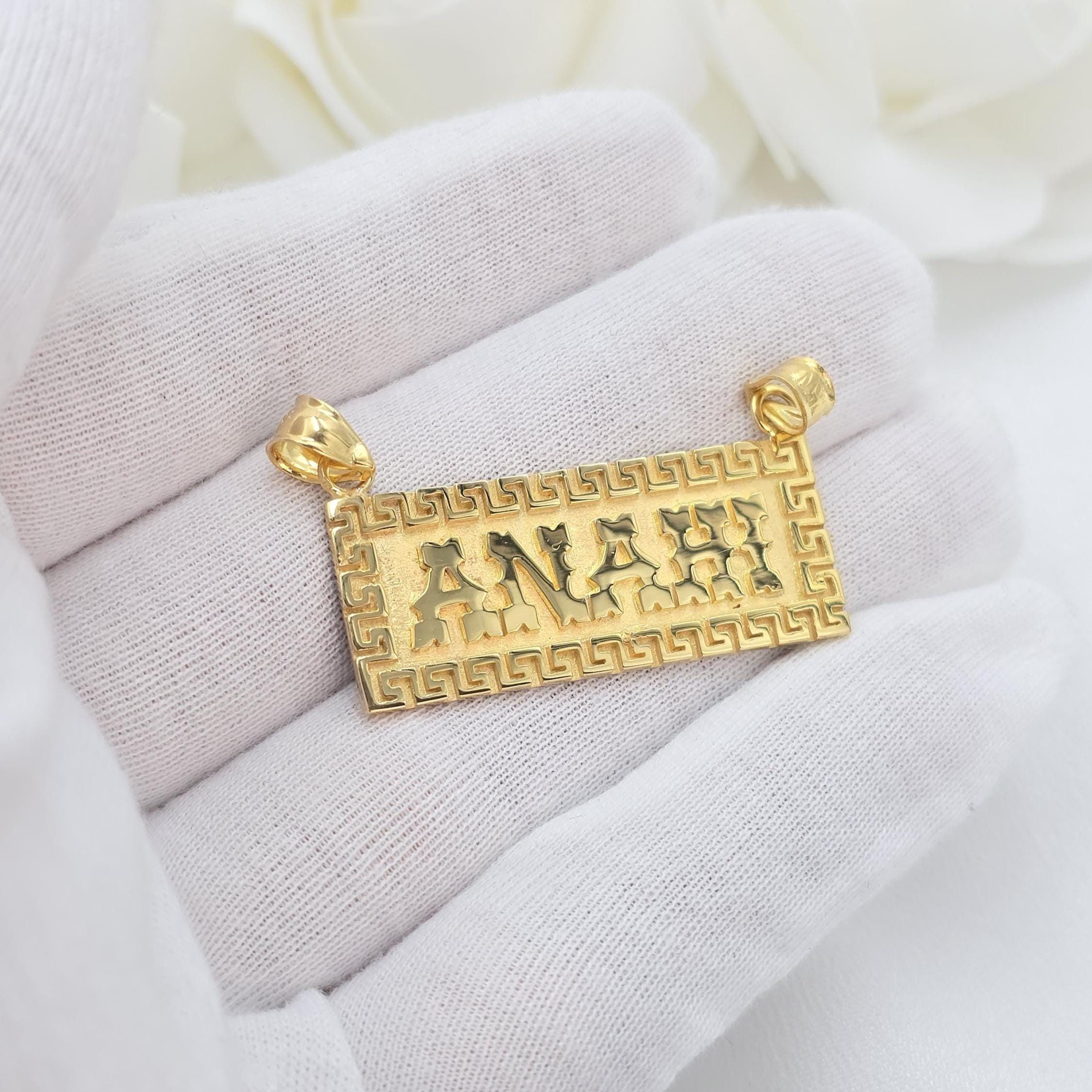 Solid 14k Gold Thick Custom Nameplate - Greek pattern - Unisex - Unique & Everlasting
