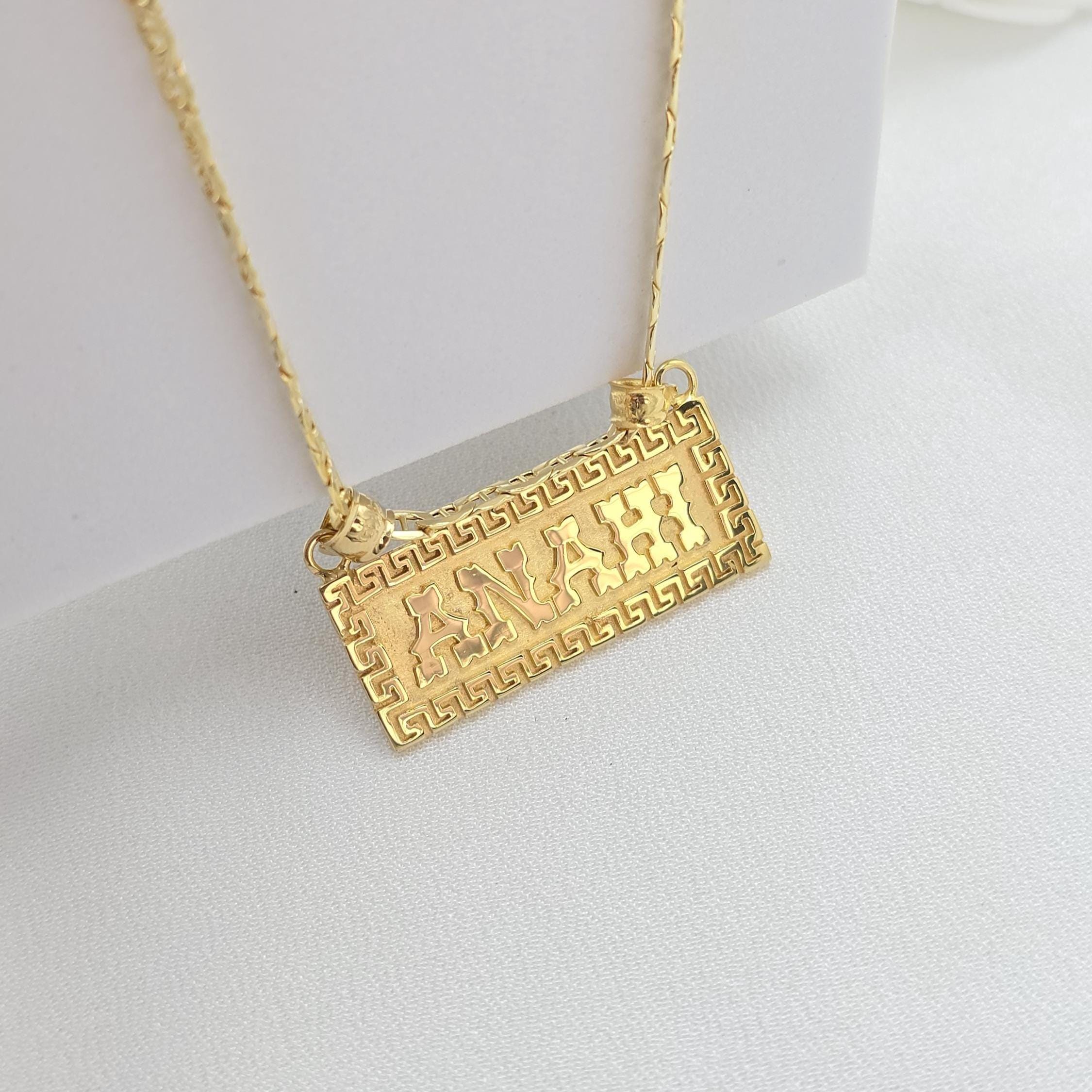Solid 14k Gold Thick Custom Nameplate - Greek pattern - Unisex - Unique & Everlasting