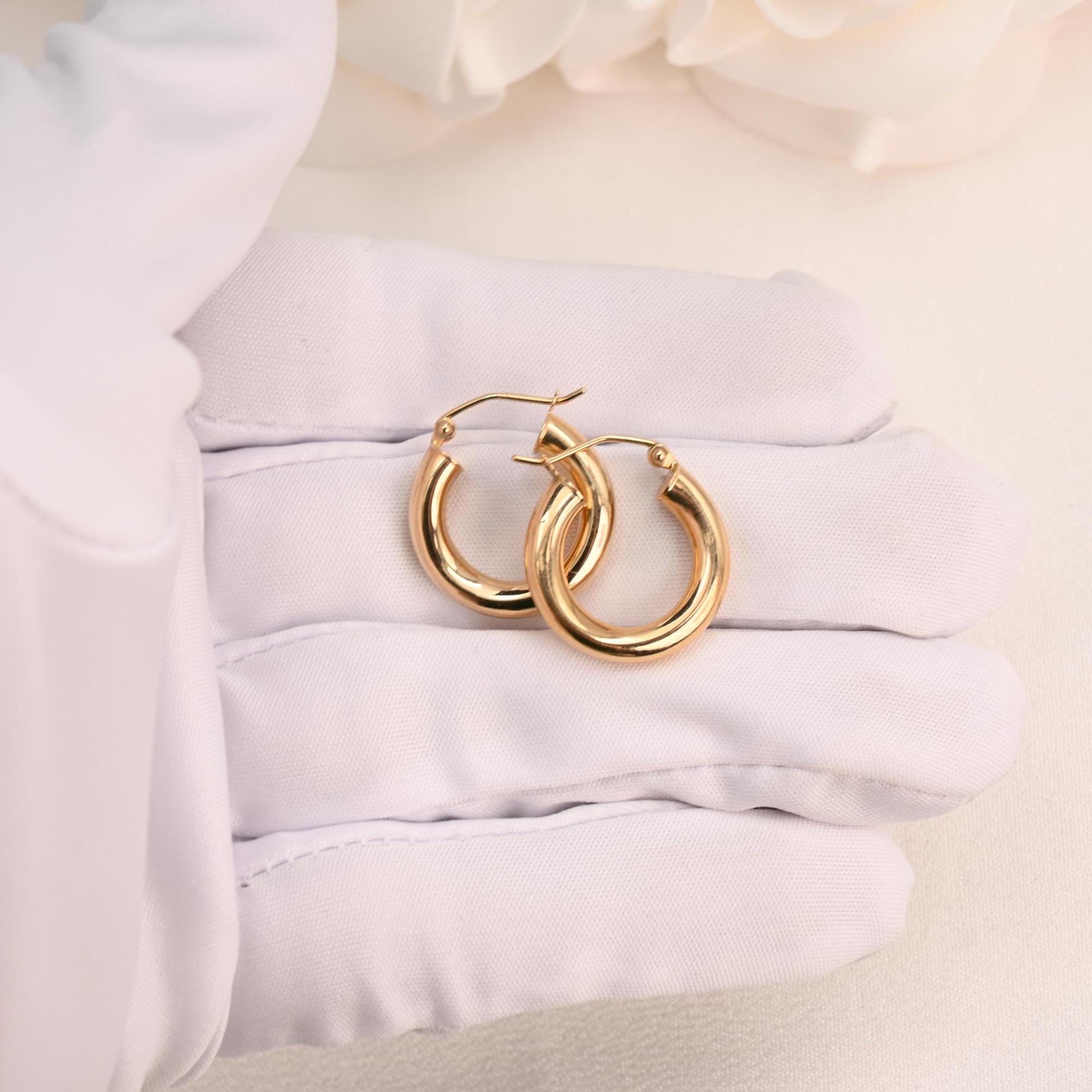 Bold 14K Gold Polished Small Hoops Earrings - Everyday Hoops - 3.7mm Thick - Elegant & Comfortable
