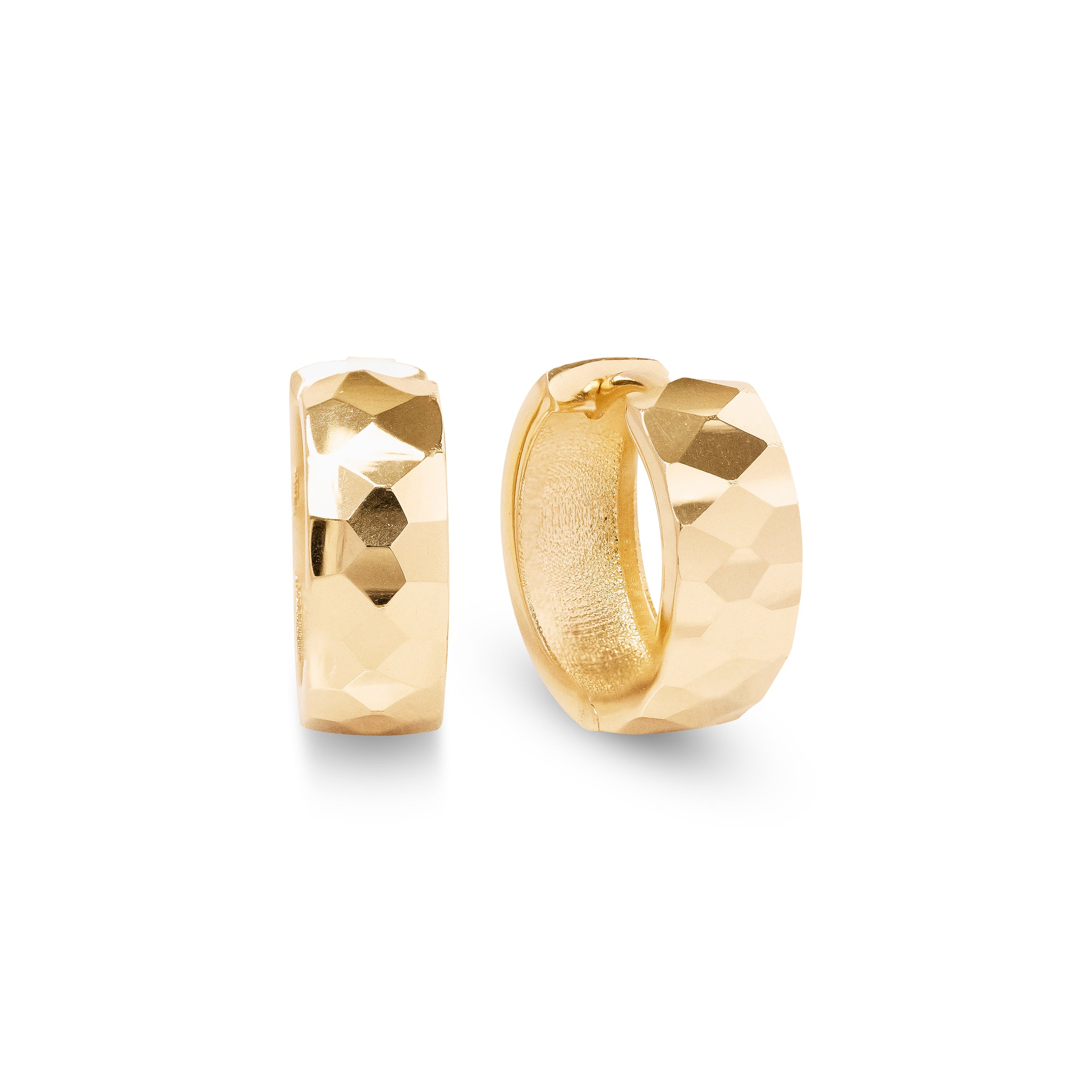 Solid 14k Gold Hammered Mirror Huggies Earrings - 14.5mm