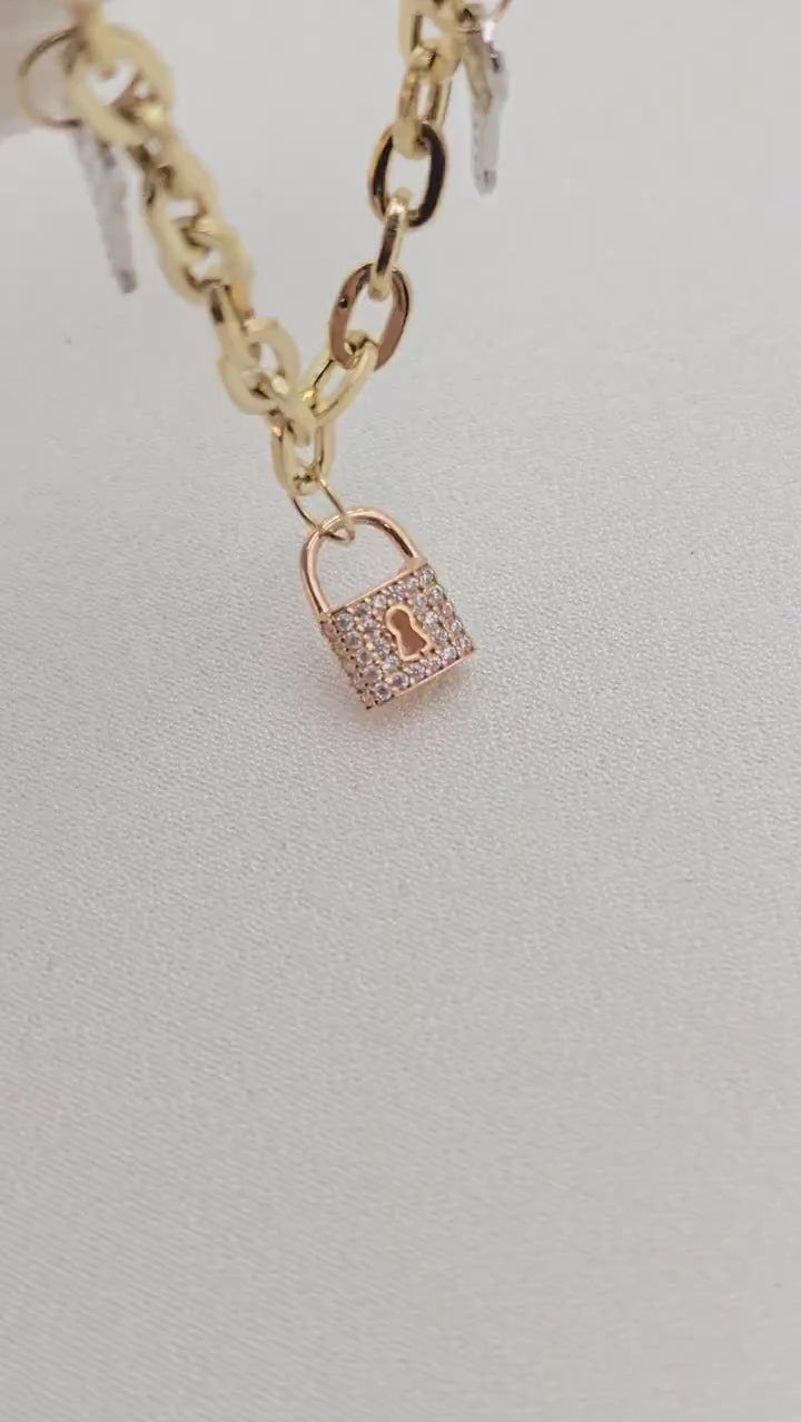 Adorable 14k Gold Rolo Charm Bracelet - Key & Lock - Fine Jewelry For Her - 7 1/2"