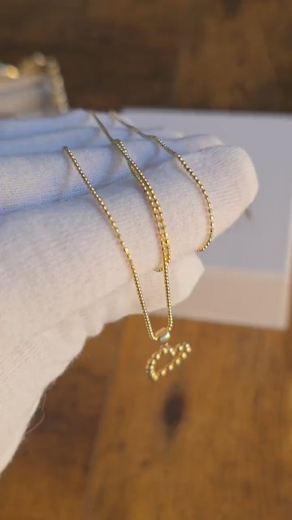 Solid Dainty 14k Beaded Heart Necklace  - 1mm Moon Cut Beads Chain