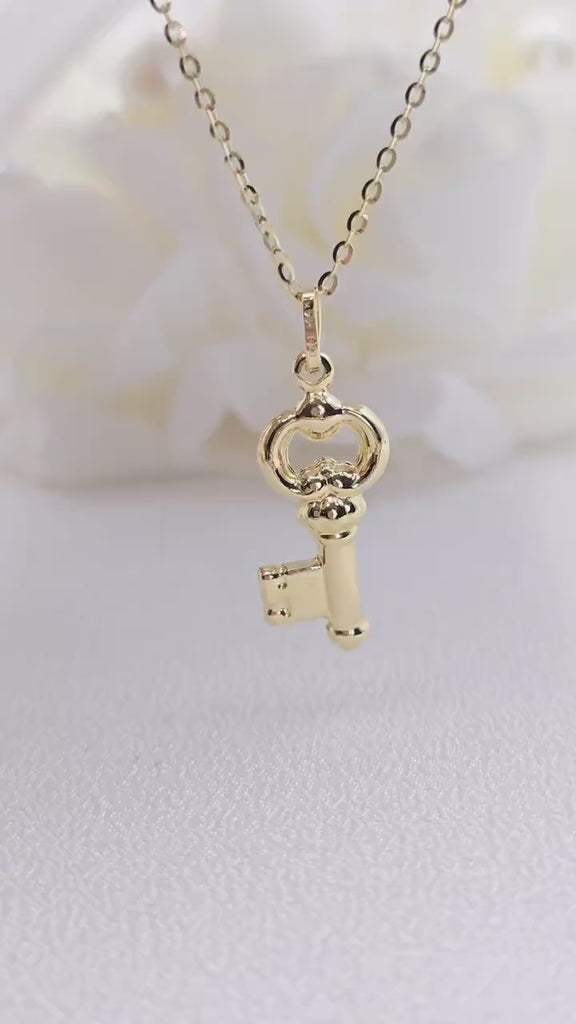 14k Gold Puffed Key Charm Necklace - Cable Necklace - Shiny & Everlasting - For Her - Fine Jewelry
