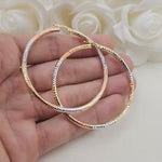 55mm 3 Tones 14k Gold Hoop Earrings - 3mm Thick - For Her - White, yellow and rose Gold