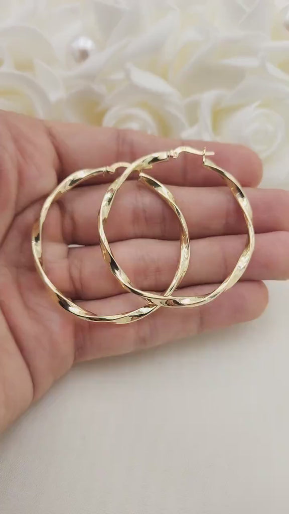Real 14k Gold 3mm Twisted Hoops Earrings - 46mm - Real Gold - Fine Modern Jewelry For Her - Perfect Birthday, Anniversary Gift