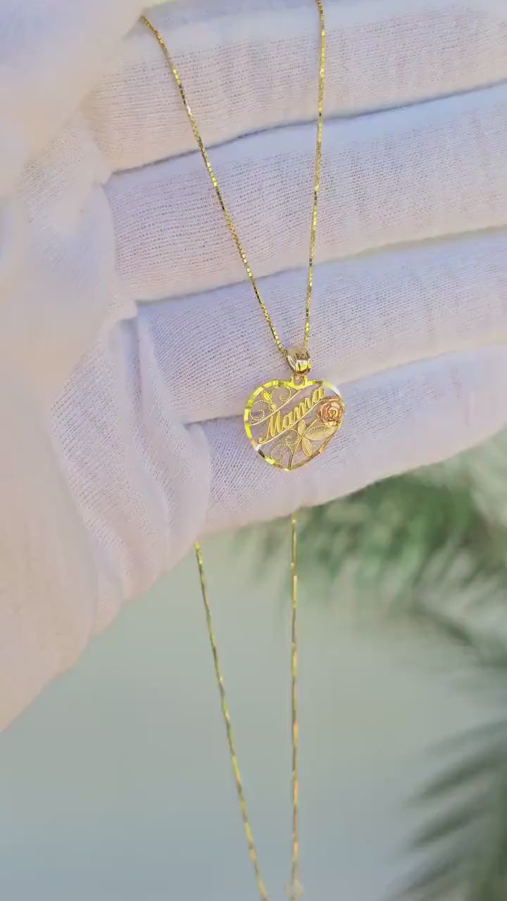 SOLID 14K Gold “Mamá” Heart Pendant Box Necklace - Shiny & Meaningful - Fine Gold Jewelry For Her