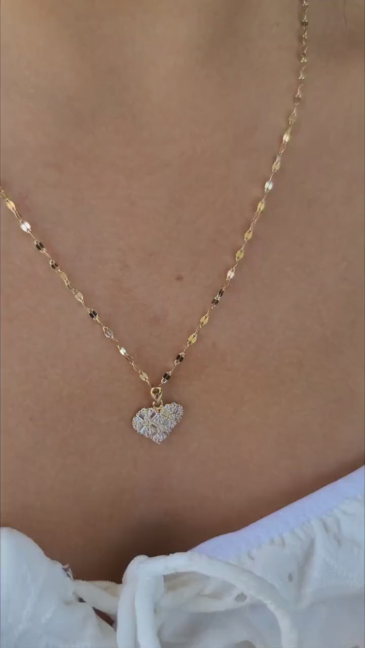 Solid 14k Gold Mosaic Heart CZ Necklace - Mirror Chain - 16, 18, 20 Inches - Gift for her
