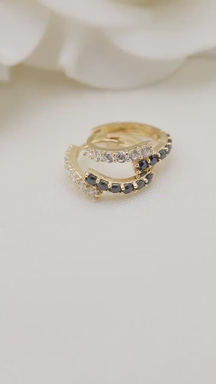 14k Gold Black and White Huggies Earrings - 14mm