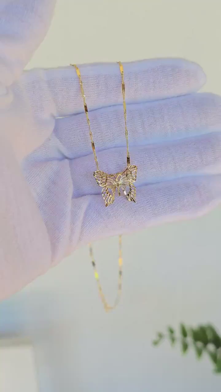 SOLID 14K Gold Butterfly Pendant Bar Necklace - Shiny & Elegant - Perfect Gift For Her - Fine Gold Jewelry