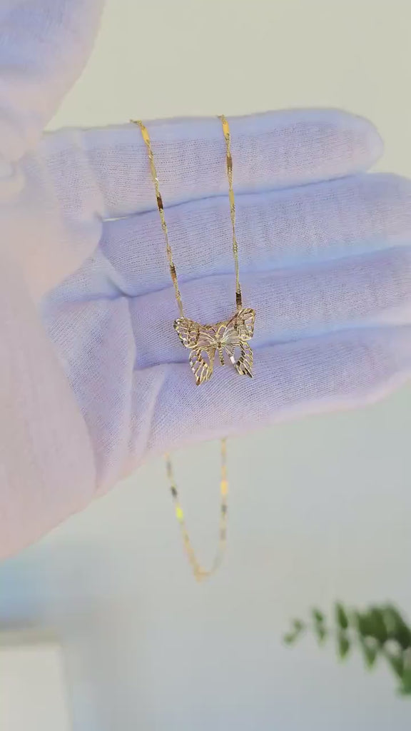 SOLID 14K Gold Butterfly Pendant Bar Necklace - Shiny & Elegant - Perfect Gift For Her - Fine Gold Jewelry