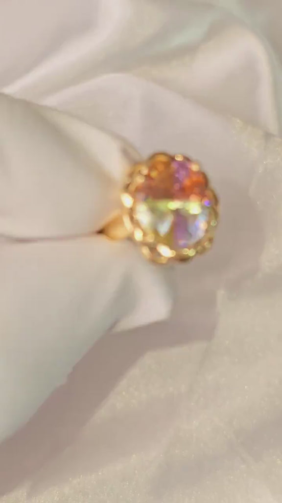 Vintage Solid 14k Gold Multicolor Oval Ring - Unique Stunning Design