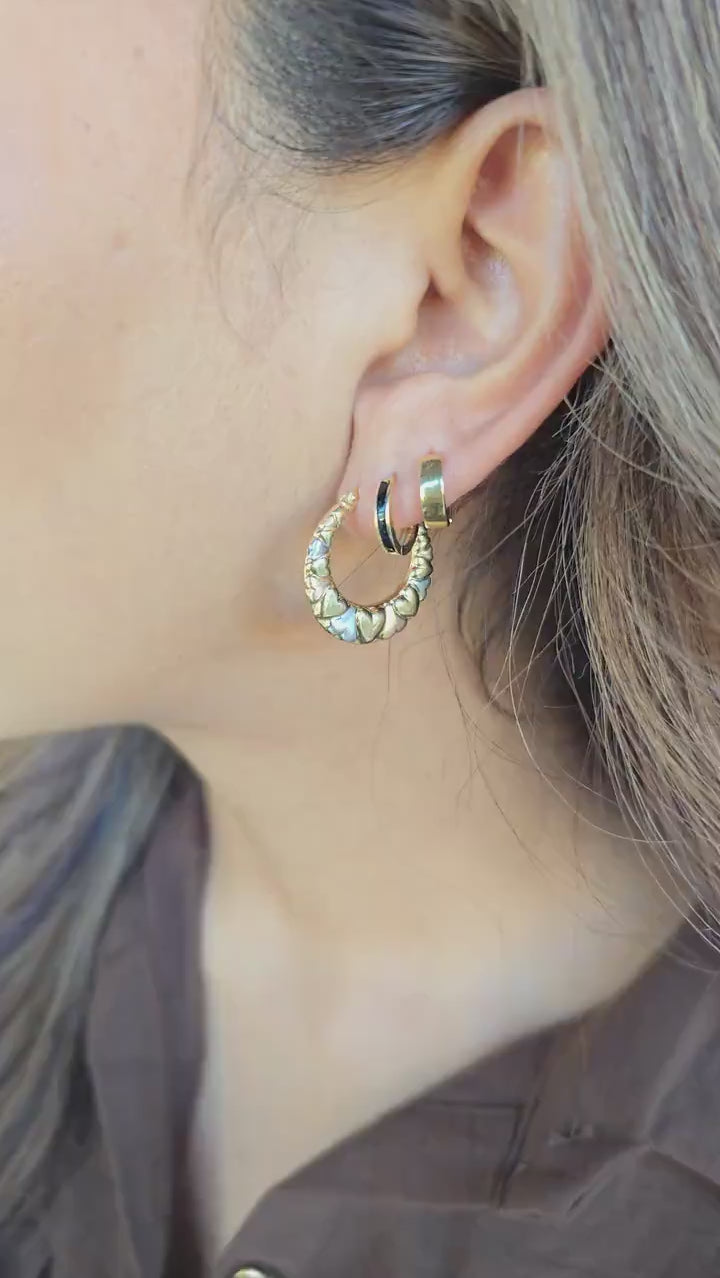 14k Gold Tricolor Heart Hoops - Double-sided - For Her - Lightweight & Fancy