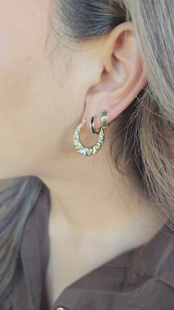 14k Gold Tricolor Heart Hoops - Double-sided - For Her - Lightweight & Fancy