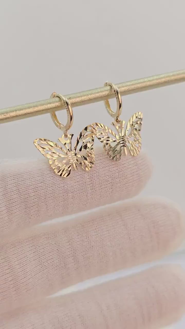 SOLID 14K Gold Filigree Butterfly Hoop Earrings – Dangling Earrings - Adorable & Shiny - Perfect Gift For Her