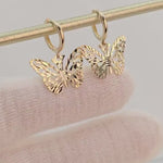 SOLID 14K Gold Filigree Butterfly Hoop Earrings – Dangling Earrings - Adorable & Shiny - Perfect Gift For Her