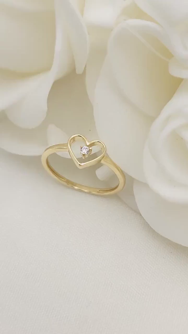 Simple 14k Gold Heart and Solitaire CZ Ring - Minimalistic Jewelry - For Her - Modern Jewelry