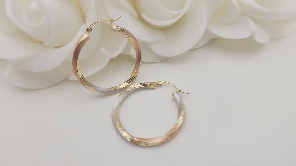 14k 3 Colors Gold Twisted Greek Pattern Hoop Earrings - 30mm - 3mm Thick - Fine Jewelry - For Her
