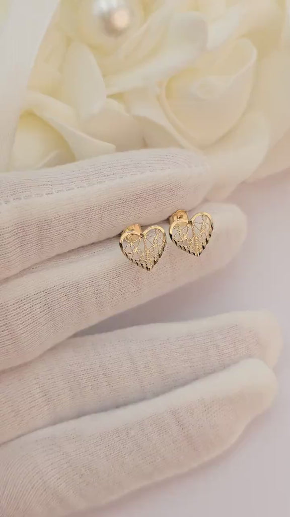 SOLID 14K Gold Filigree Heart Stud Earrings - Push back backings - Shiny & Modern - Perfect Gift For Her