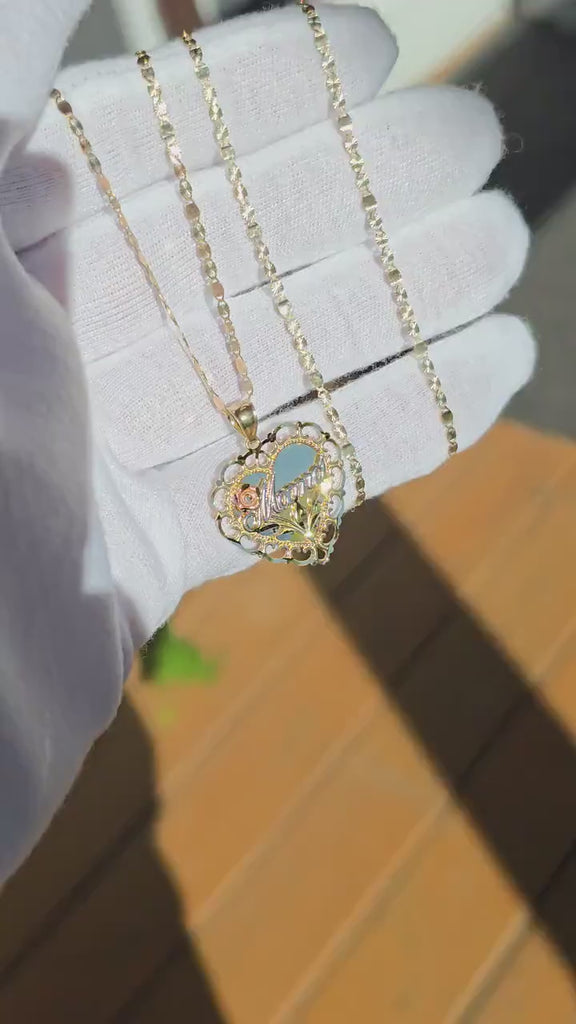 14K Gold Heart “Mamá” Pendant with Tricolor Details & Valentino Chain