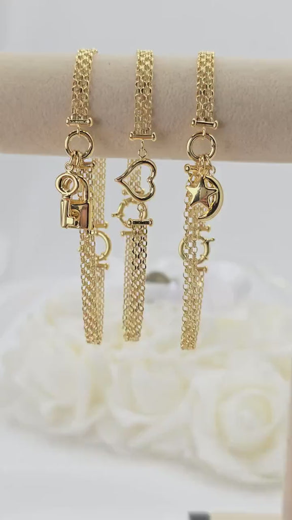 Solid 14k Gold Charm Bracelets - Heart Charm - Moon & Star - Key lock - For Her - Bismarck Bracelets