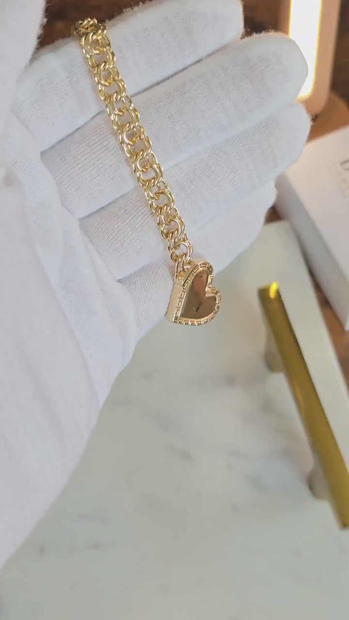 Thick 14k Gold Chino Link Heart Lock Bracelet - 7.9mm - 7.5 Inches