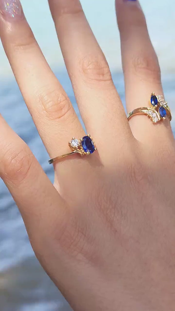 14k Solid Gold Simulated Oval Sapphire Ring  - Unique and Elegant.