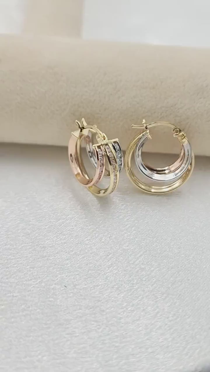 Solid 14k Tricolor Gold CZ Triple Hoop Earrings - 16mm - Unique & Original - Perfect Gift For Her