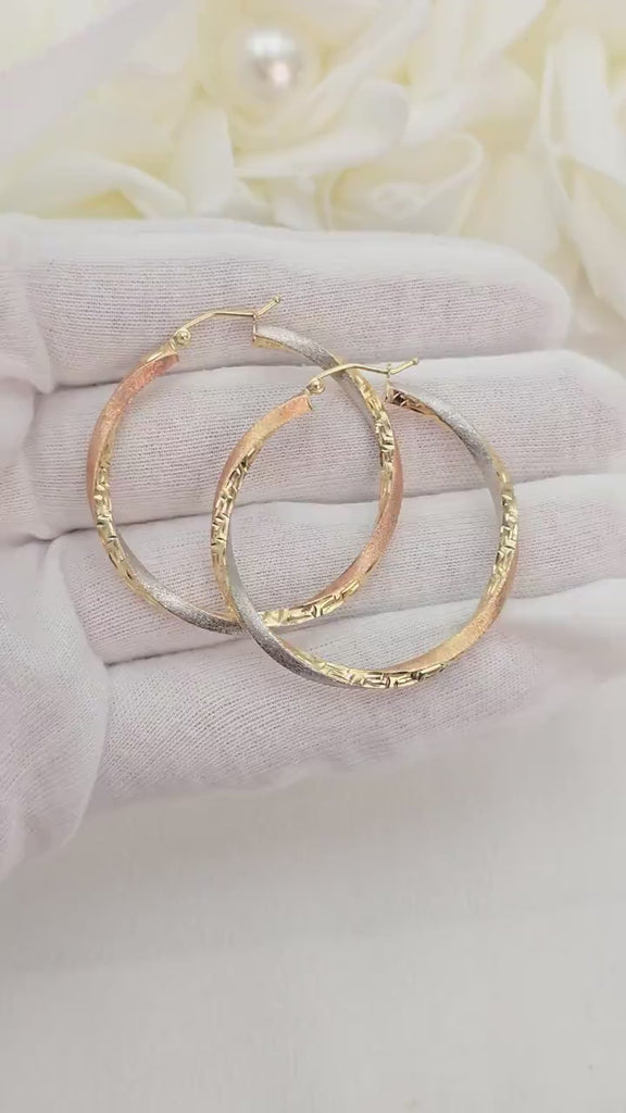 Shiny 14k Gold Tricolor Twisted Hoop Earrings - Greek Pattern - 3mm Thick - 39mm - Shiny & Elegant