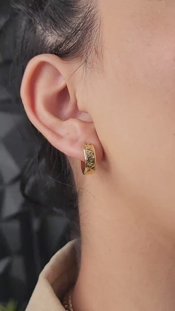 15mm 14k Gold X Diamond Cut Pattern Huggies Earrings - 5mm Thick - Perfect For Kids and Women - Fine Jewelry