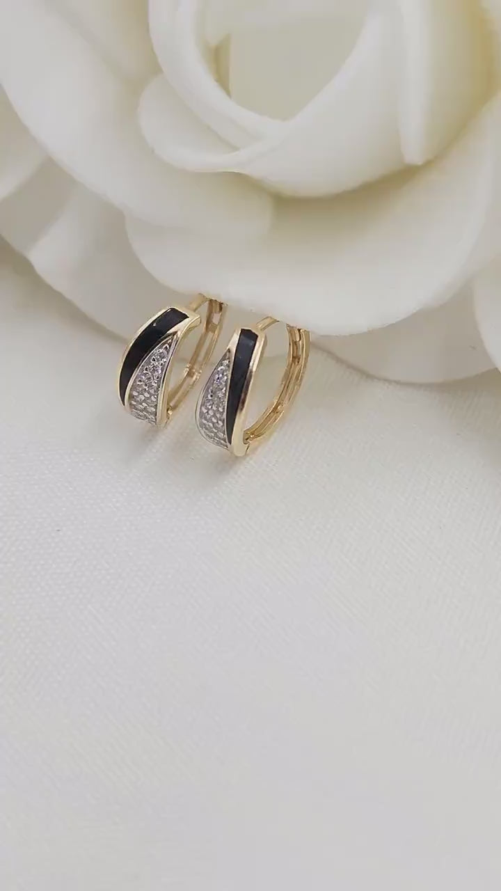 14k Onyx and CZ Huggies Earrings