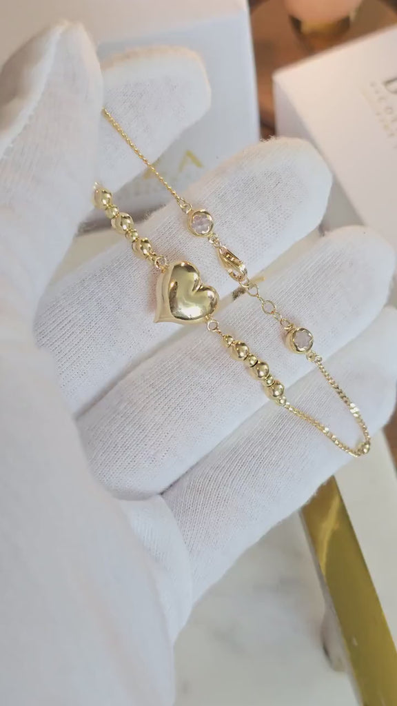 14k Gold Puffy Heart & Beads Bracelet - 7.5 Inches