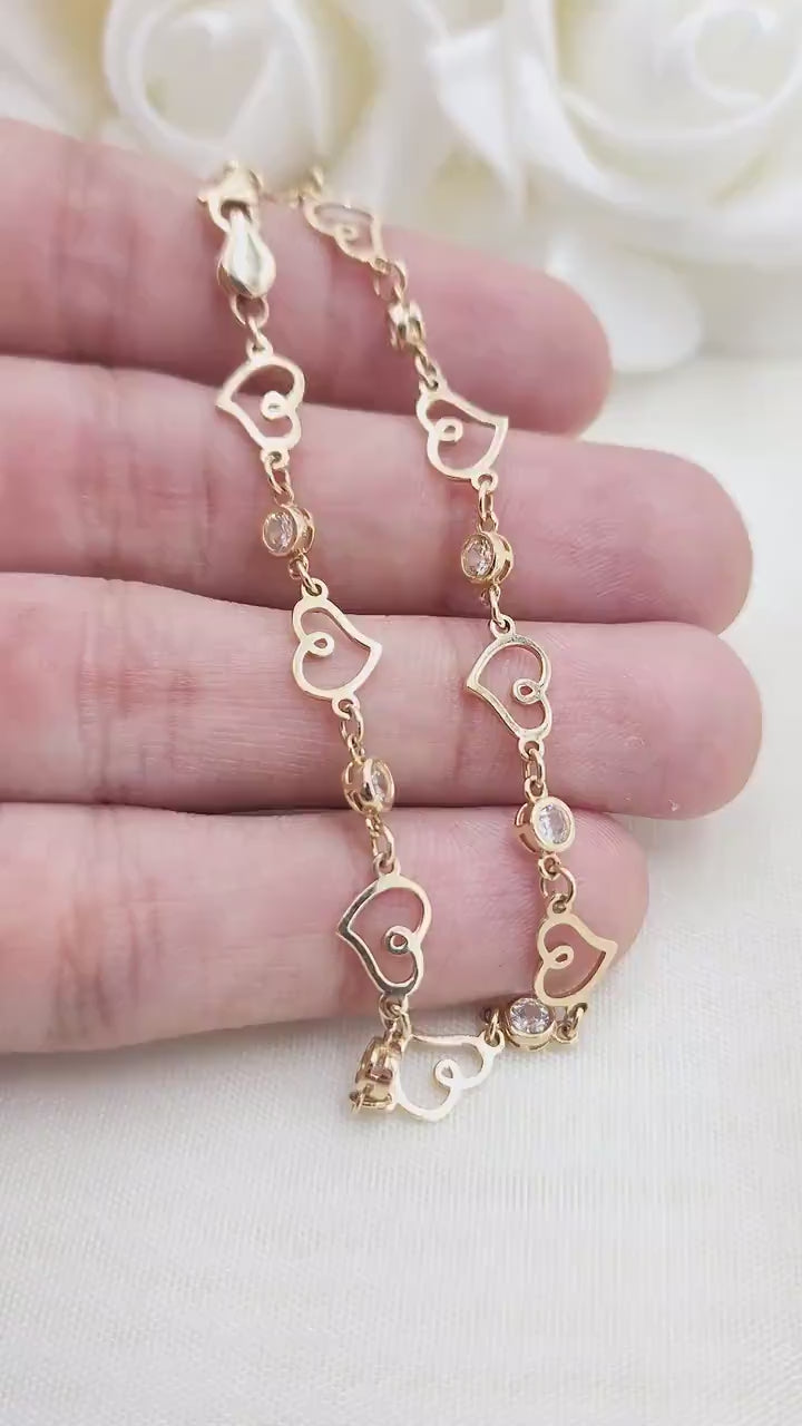 Solid 14k Gold Cursive Hearts Bracelet - Fine Jewelry For Her - Elegant & Unique