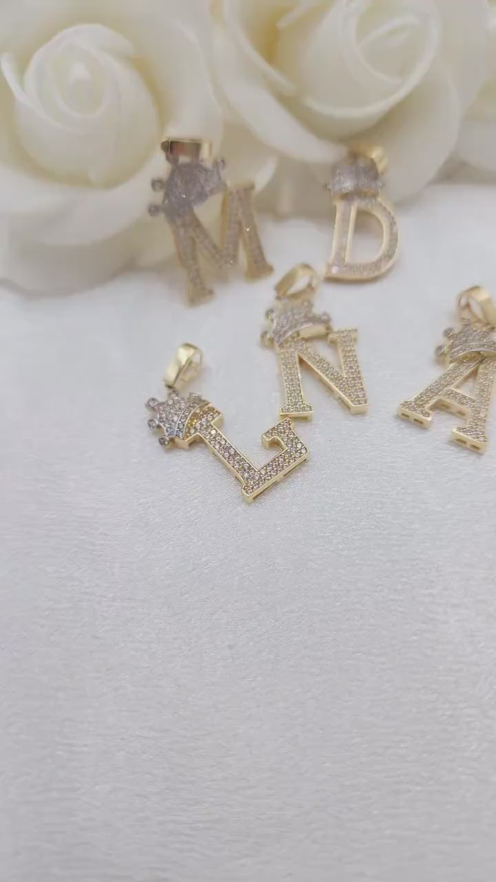 14k Large Crown Initial Pendant