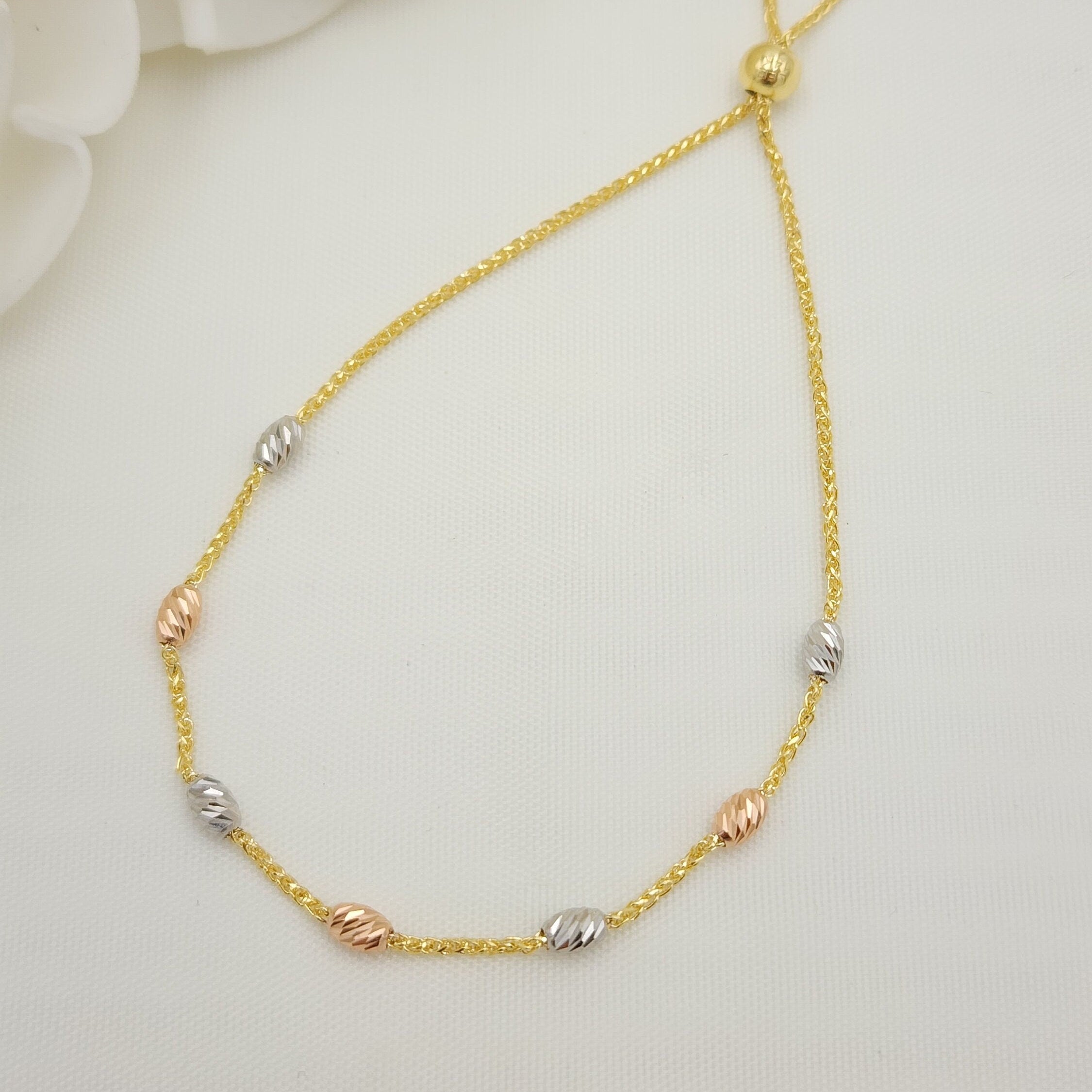 Solid 14k Gold Diamond Cut Beaded Bracelets - Tricolor Gold - Adjustable