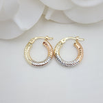 Real 14k Tricolor Gold Small Hoop Earrings - 3mm Thick - 15mm - Perfect gift for her - Dainty chubby hoops - Diamond Cut