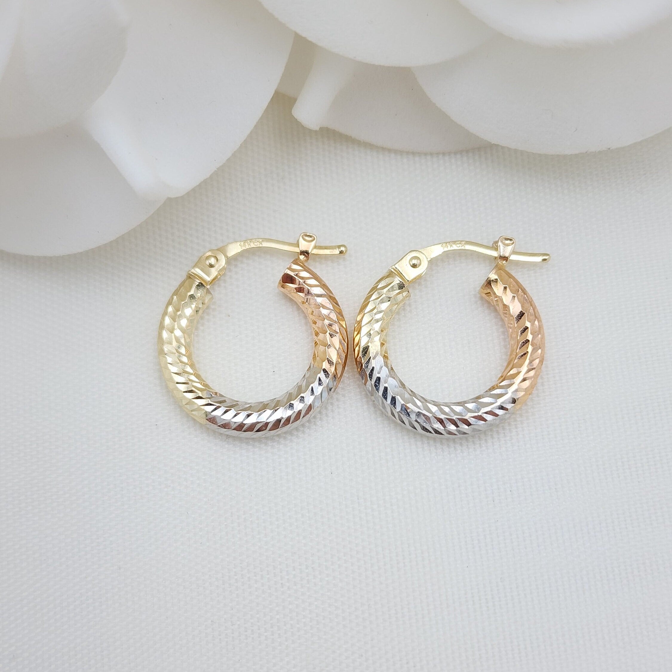 Real 14k Tricolor Gold Small Hoop Earrings - 3mm Thick - 15mm - Perfect gift for her - Dainty chubby hoops - Diamond Cut
